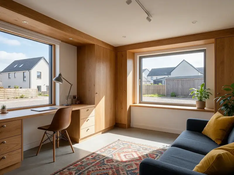 Garage converted into a home office and snug with built-in oak joinery