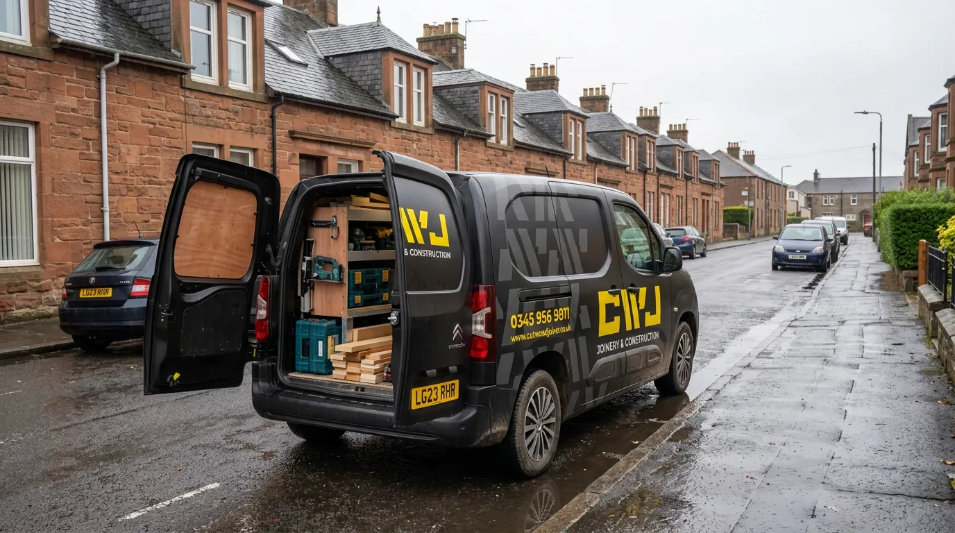 Cutwood Joinery & Construction van with the back doors open showing tool racking, parked on a red sandstone street in the rain