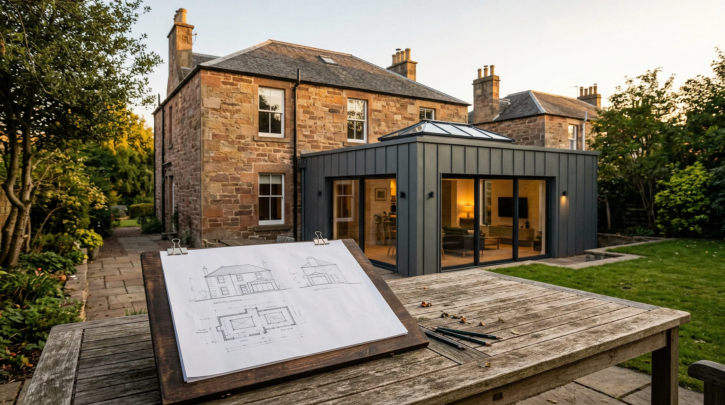 Architectural drawing in front of a finished rear extension
